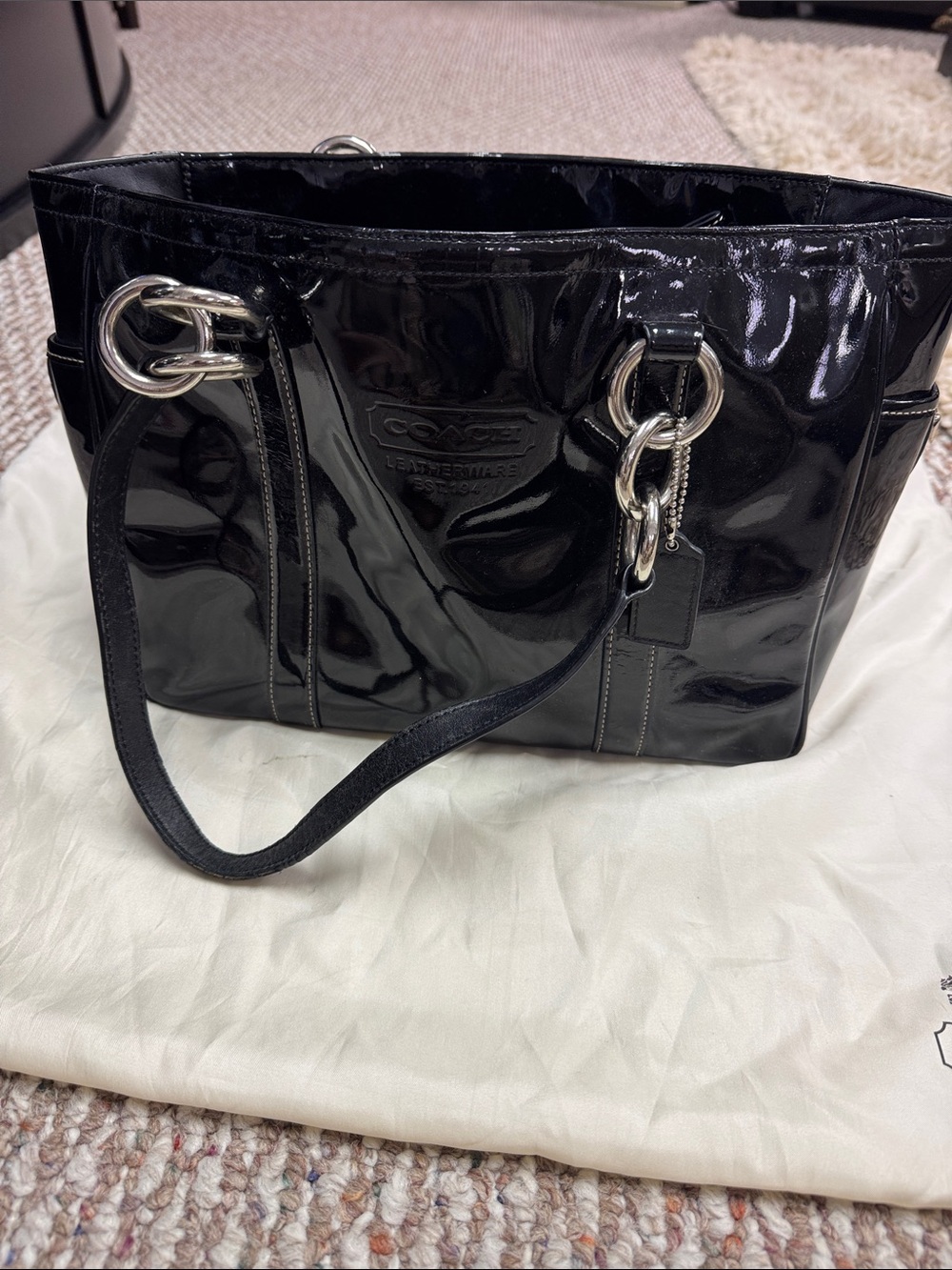 Coach Black Patent Leather Tote with Silver Hardware with Dust Bag